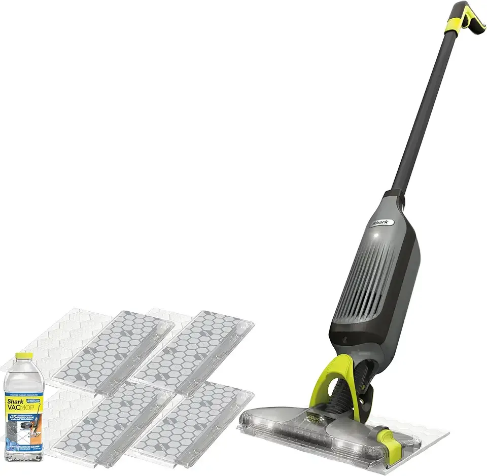 Shark VACMOP Cordless Hard Floor Cleaner, Vacuum and Spray Mop, Powerful Suction, Lightweight, LED Headlights, Includes 4 Disposable Pads, 12oz Multi-surface Cleaning Solution, Gray, VM252