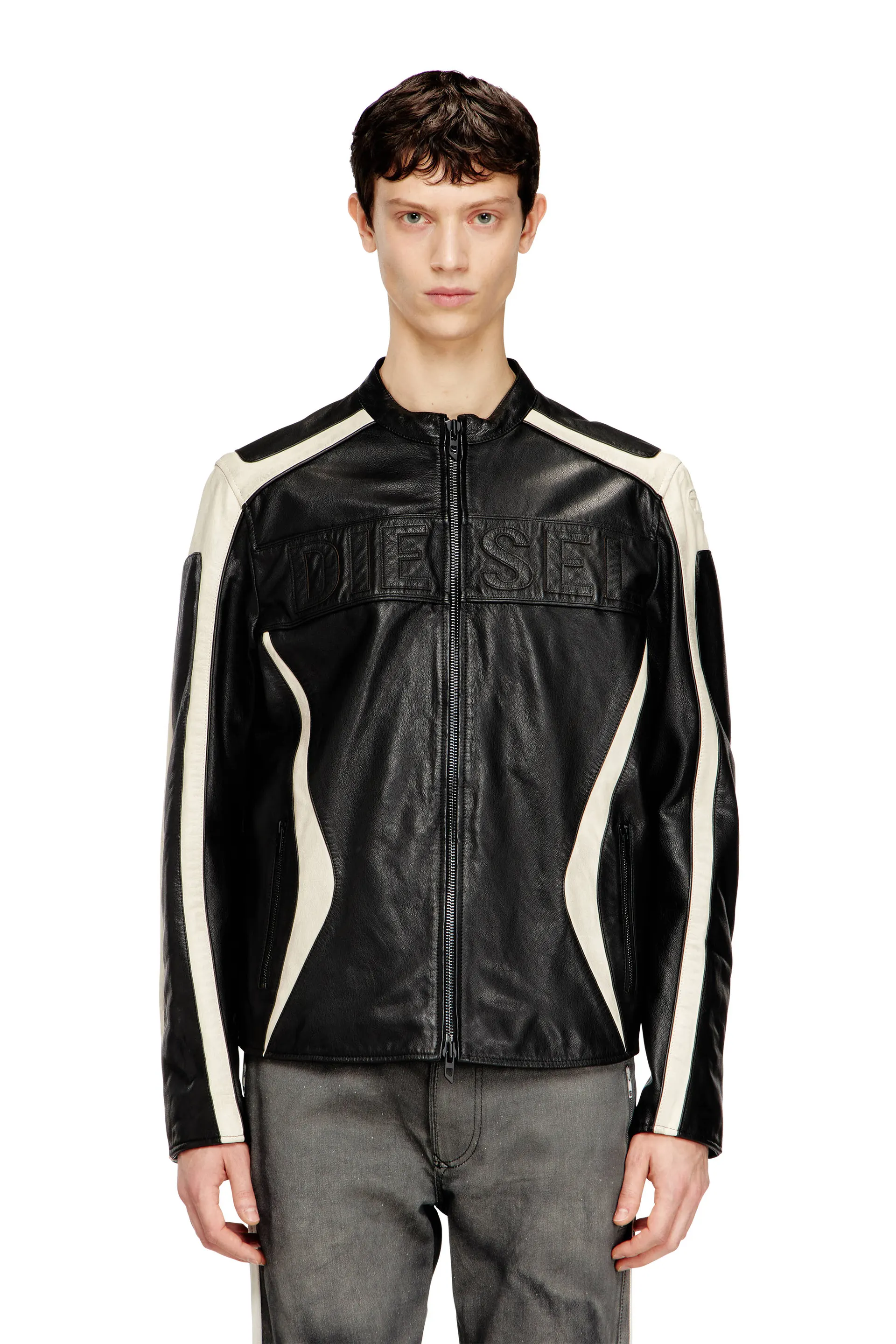 Colour-block leather biker jacket