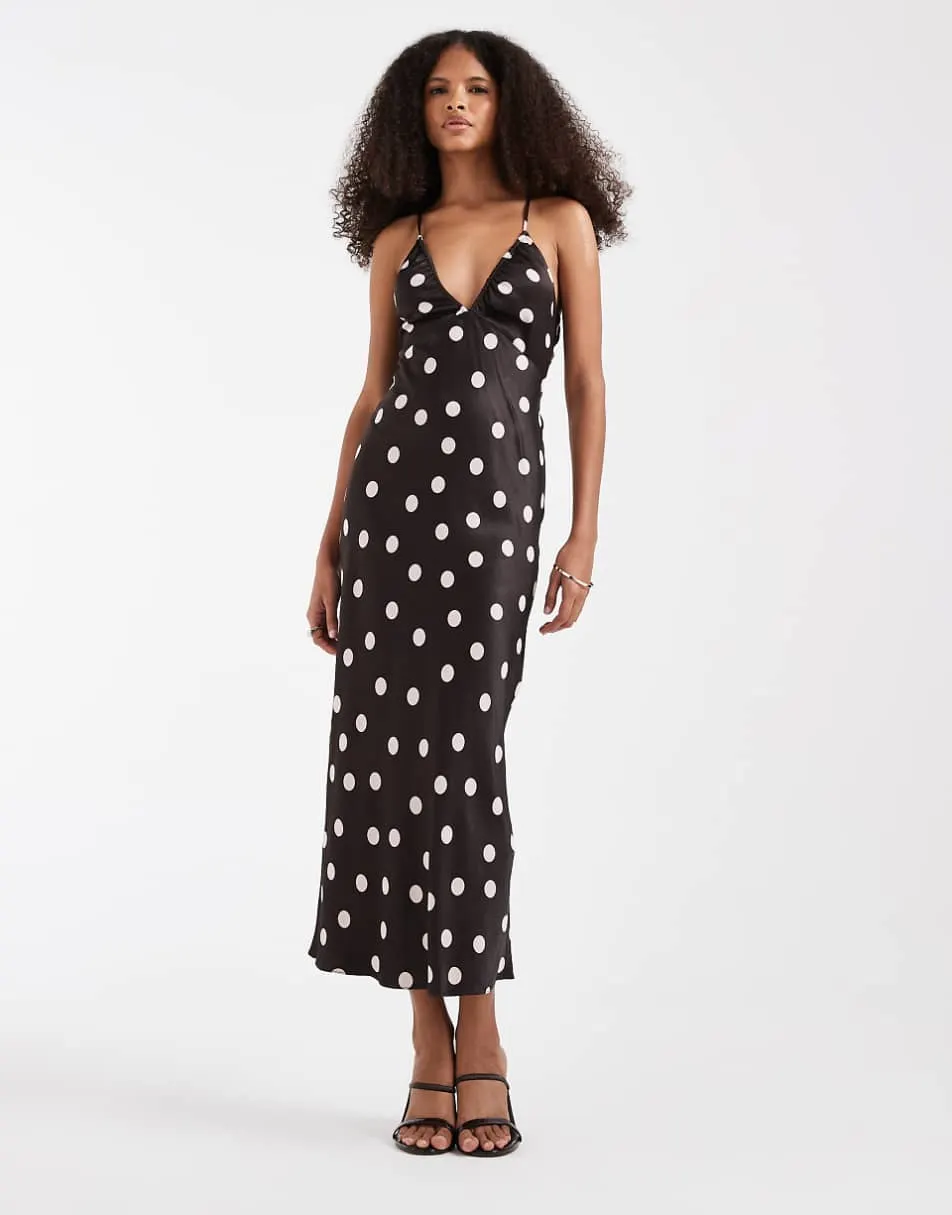 & Other Stories strappy midi dress with cut out back detail in brown polka dot