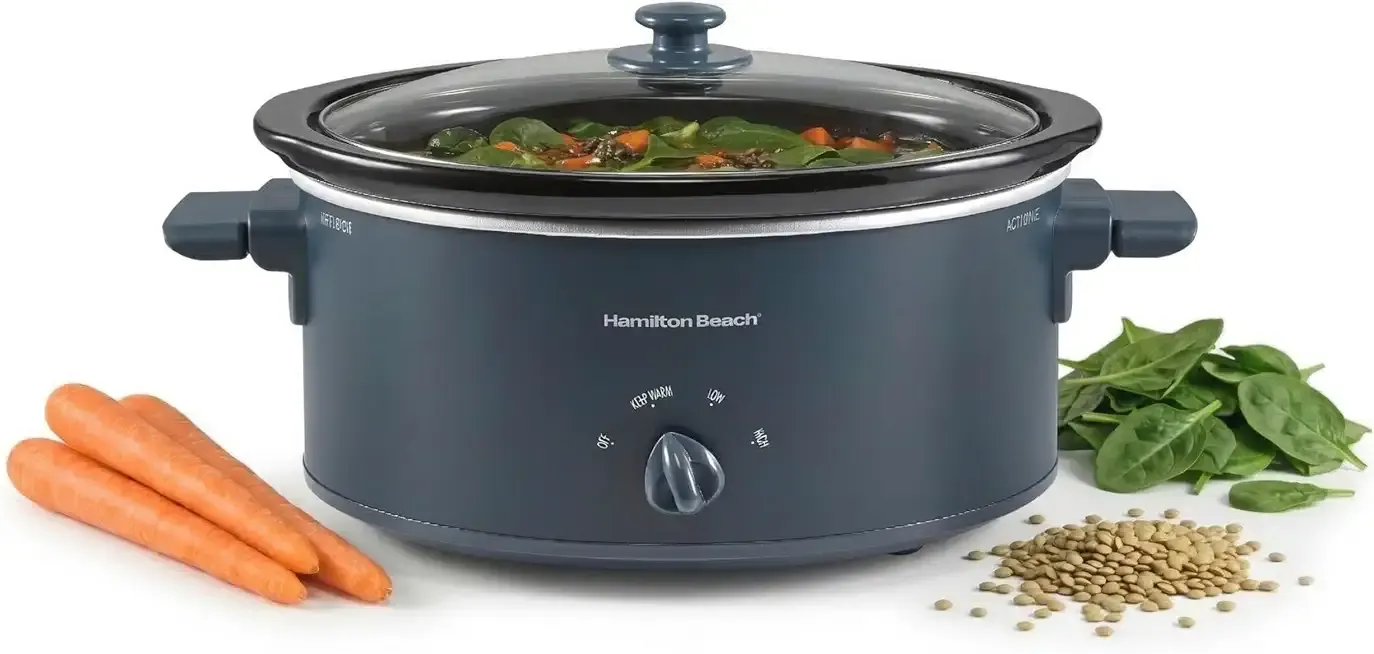 Hamilton Beach 6 Quart Slow Cooker With Space-Saving Folding Handles | 3 Heat Settings | Dishwasher Safe Stoneware Crock & Glass Lid | Kitchen Makeover Blue | 33608