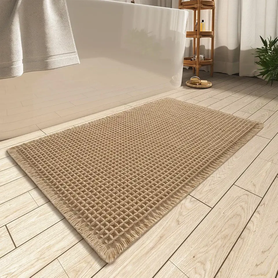 Upgraded Waffle Bath Mat Ultra Absorbent Non Slip Bathroom Mat, 17" x 24" | Brown, Quick Dry Washable Bathroom Rugs, Extra Soft Decorative Bath Rugs for Bathroom Floor, Beside Tub and Shower