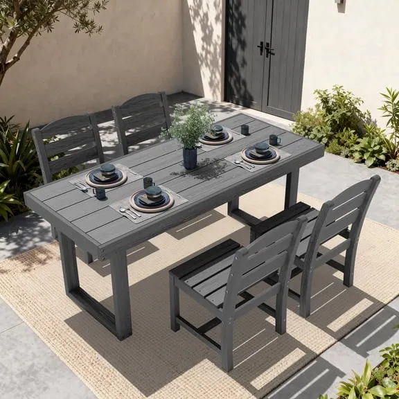 SERWALL 5-Piece Outdoor Patio Dining Set, All-Weather HDPE Table and Chairs, Rectangular Table with Umbrella Hole, Seats 4, Low Maintenance,Gray $499.99 Was $899.99