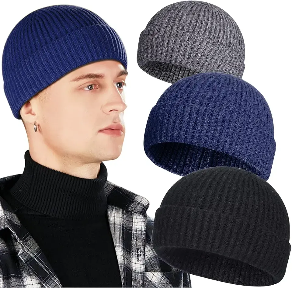 3 Pack Wool Fisherman Beanies for Men, Short Knit Watch Cap Cuffed Hats