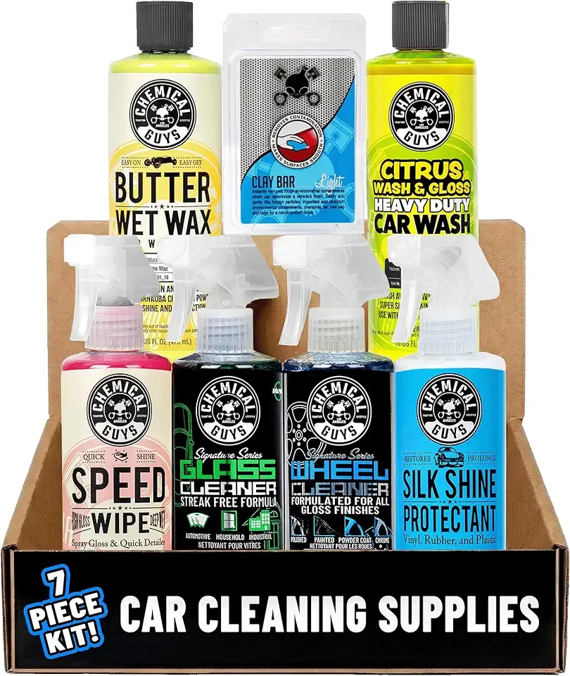 Chemical Guys Starter Car Care & Cleaning Kit, 7-Piece Detailing Car Wash Kit with 6 Premium 16 oz Care Chemicals and Accessories for Washing, Waxing, and Interior Cleaning