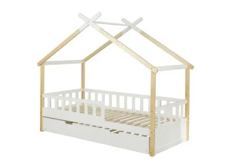 Huisbed Guinevere 90x200cm - den massief - naturel & wit met bedlade