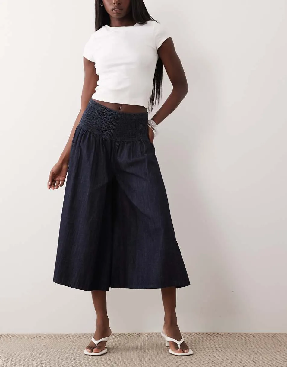ASOS DESIGN denim culotte jeans with shirred waistband in indigo