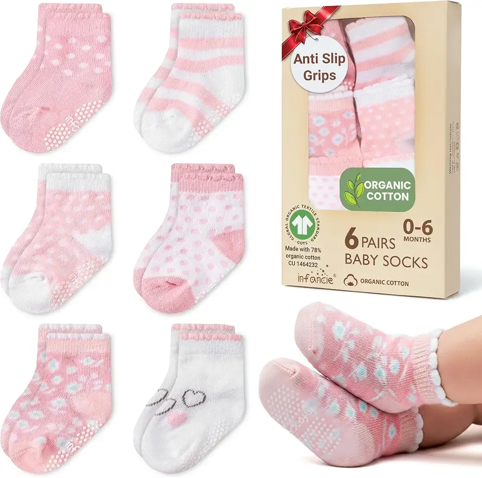 GOTS Organic Cotton Blend 6 Baby Girl Socks 0-6 M Newborn Baby Socks Gift | Oeko-Tex Certified, Baby Socks, 6 Pairs, Newborn Girl Socks, Sock Shoes For Baby Girl, Pink, For Baby Girls, 0-6 Months,