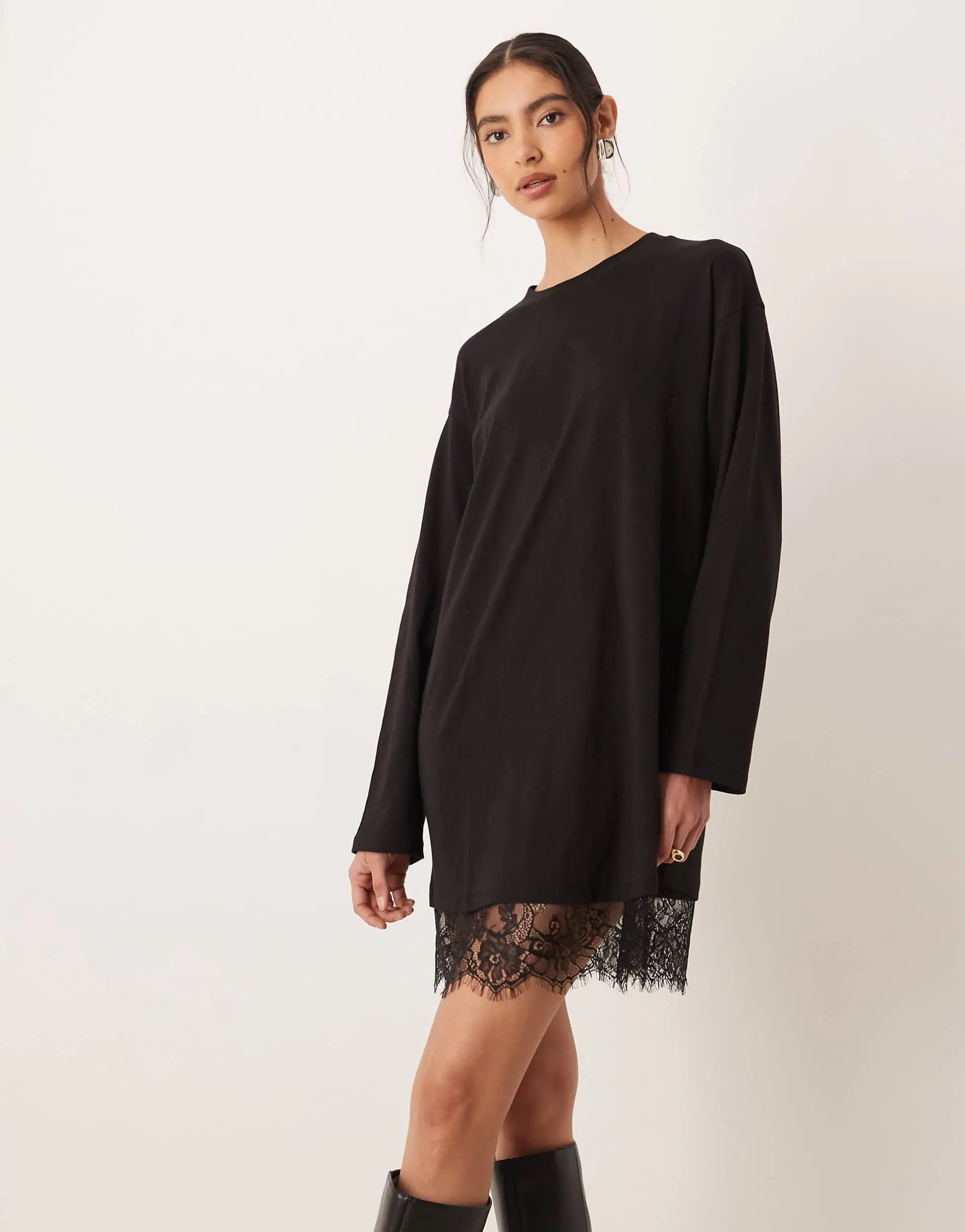 ASOS DESIGN long sleeved t-shirt dress with lace trim in black