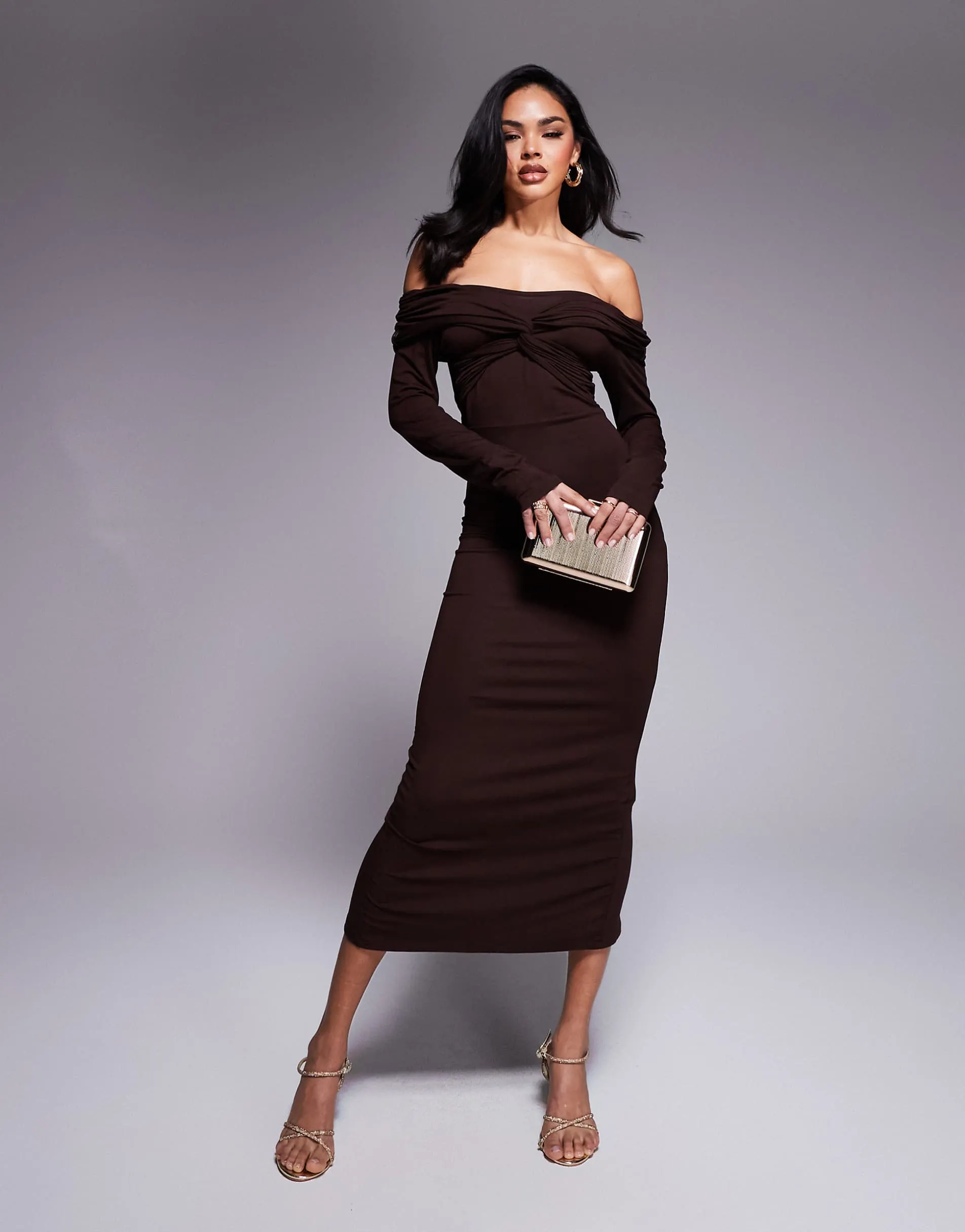 ASOS DESIGN off shoulder twist midi dress with long sleeves in chocolate