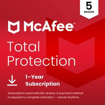 McAfee Total Protection, 5 Devices, 1-Year Subscription with Auto-Renewal (E-delivery)
