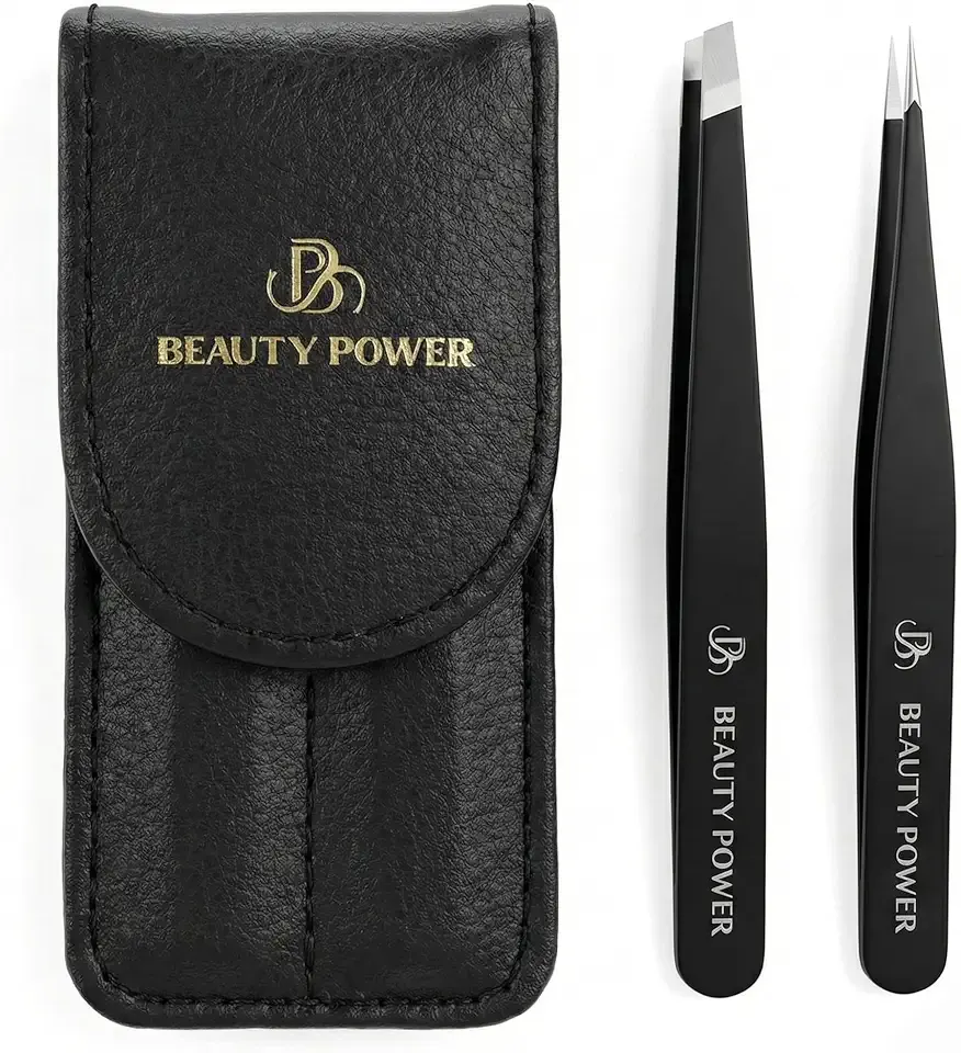 Precision Tweezers for Women Facial Hair & Men - Professional Tweezers Set with Slant & Point Tips, German Stainless Steel, PU Leather Travel Case, Lightweight & Ultra Precision Black