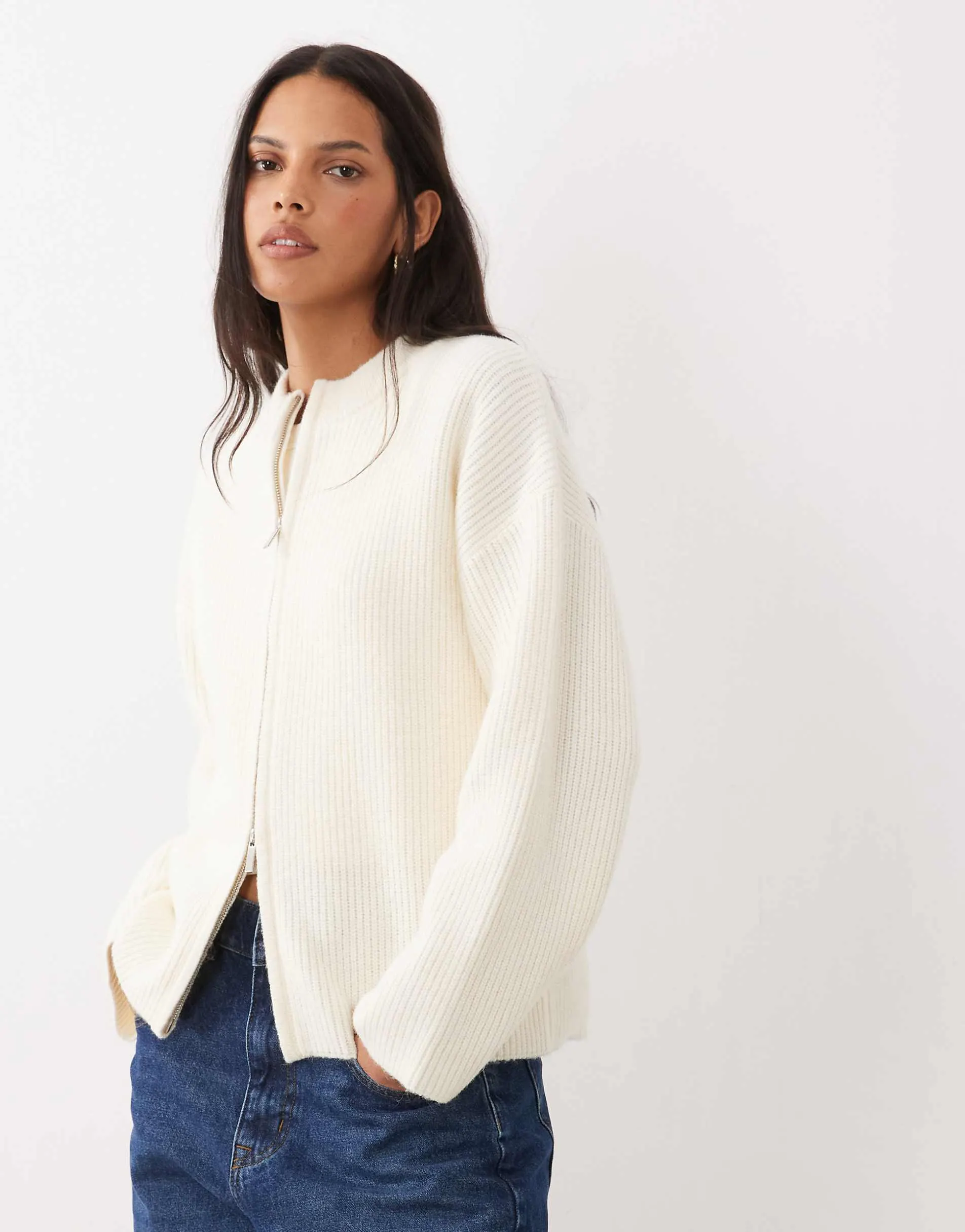 4th & Reckless high neck double zip knitted bomber jacket in cream