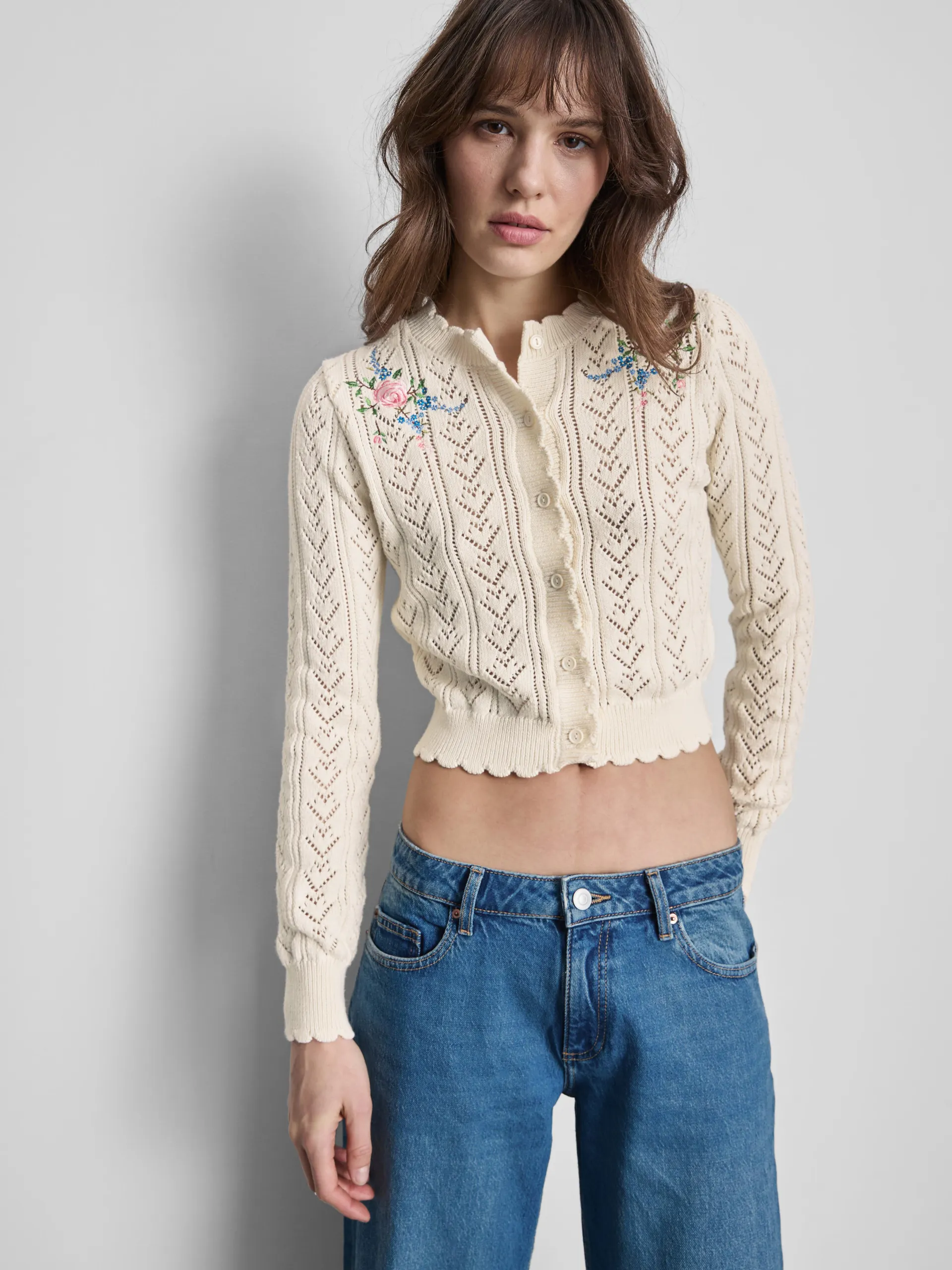 Gilet court en pointelle brodé