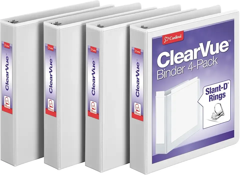 Cardinal 1.5 Inch 3 Ring Binder, D Ring, White, 4 Pack, Holds 375 Sheets (29400)