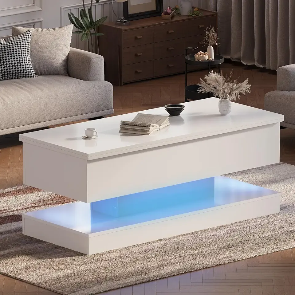 47.2 Inch Large Lift Top Coffee Table Modern High Glossy LED Storage Table with APP Control for Living Room Dining Room Home Office White 47.2" l*19.29" w*17.72" h