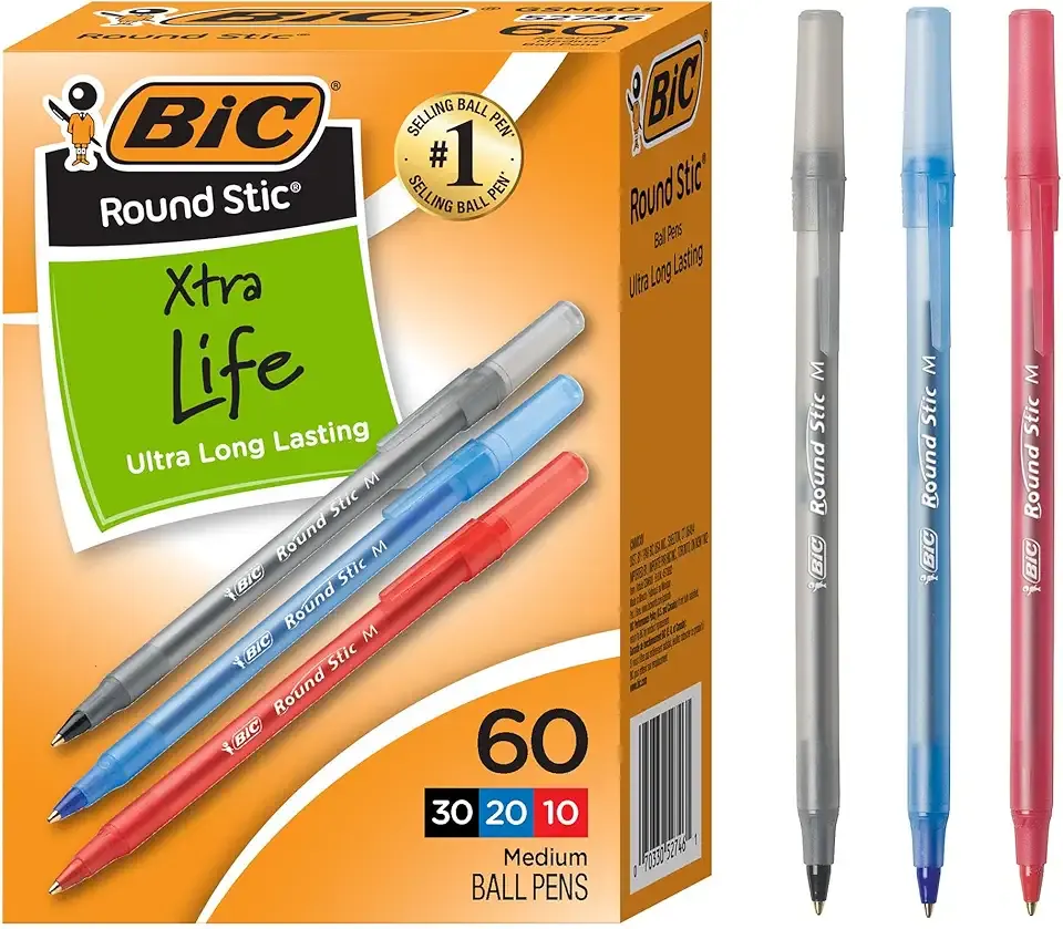 BIC Round Stic Xtra Life Assorted Ink Ballpoint Pens, Medium Point (1.0mm), 60-Count Pack of Bulk Pens, Flexible Round Barrel for Comfortable Writing, No. 1 Selling Ballpoint Pens
