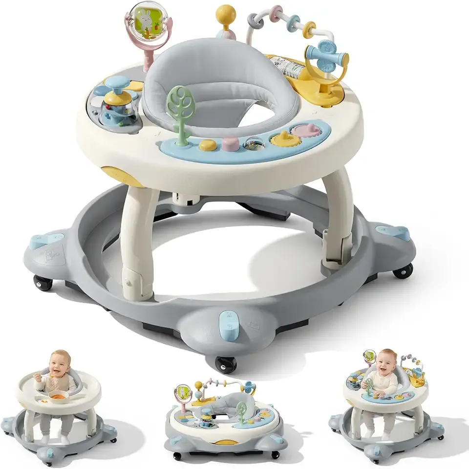 Baby Walker with Wheels, Foldable Baby Walker for Baby 6-12 Months, 3-Position Rotating Seat with Interactive Activity Center, Music Buttons, Baby Walkers for Boys Girls(Grey)