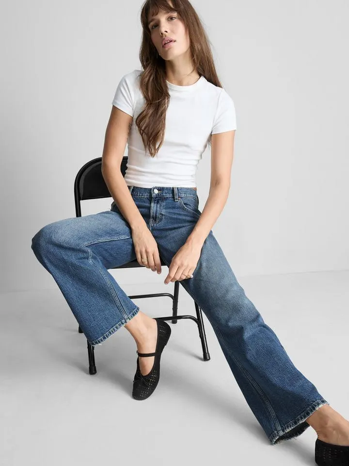 Jean droite taille basse en denim de coton