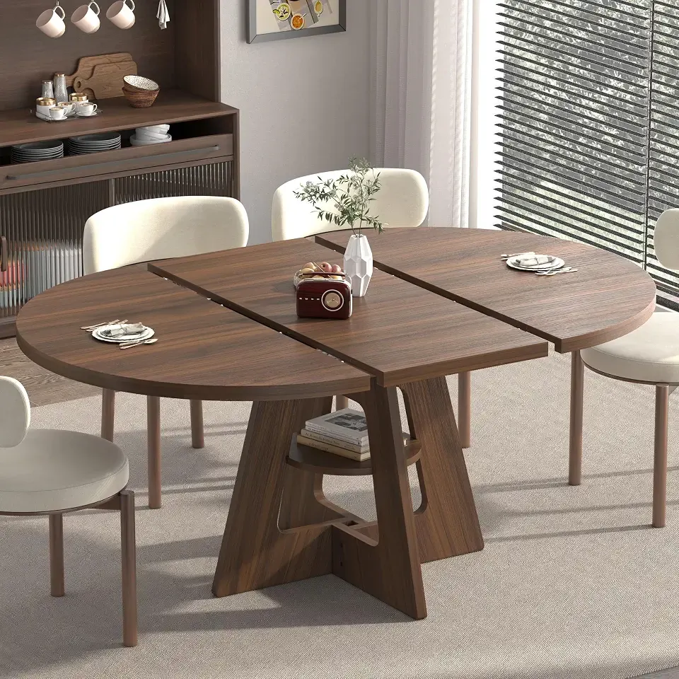 47.2"-63" Extendable Round Dining Table for 4-8, Kitchen Table | Modern Oval Kitchen & Dining Room Table with Removable Leaves & Storage Shelf, Space Saving Drop Leaf Wood Furniture, Walnut