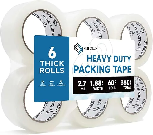 KKBESTPACK Heavy Duty Packing Tape, 6 Rolls – 1.88" x 60 Yards – Clear Shipping & Packaging Tape for Moving Boxes & Storage