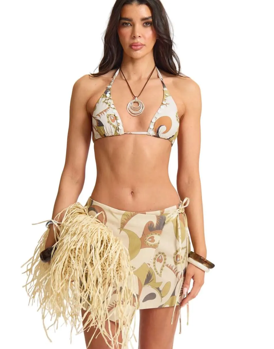 Missyempire Printed linen side tie mini skirt in olive