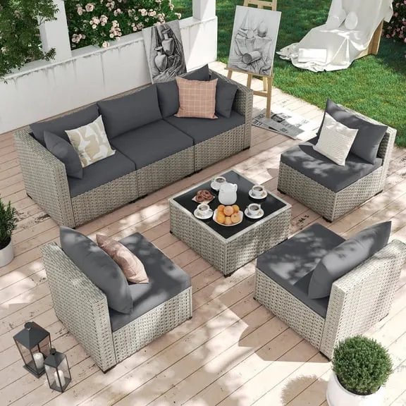 Deal, MRUAKA Outdoor Patio Furniture Set, 7-Piece Modular Sectional Sofa With Table, PE Wicker Outdoor Conversation Set for Patio, Garden,Gray