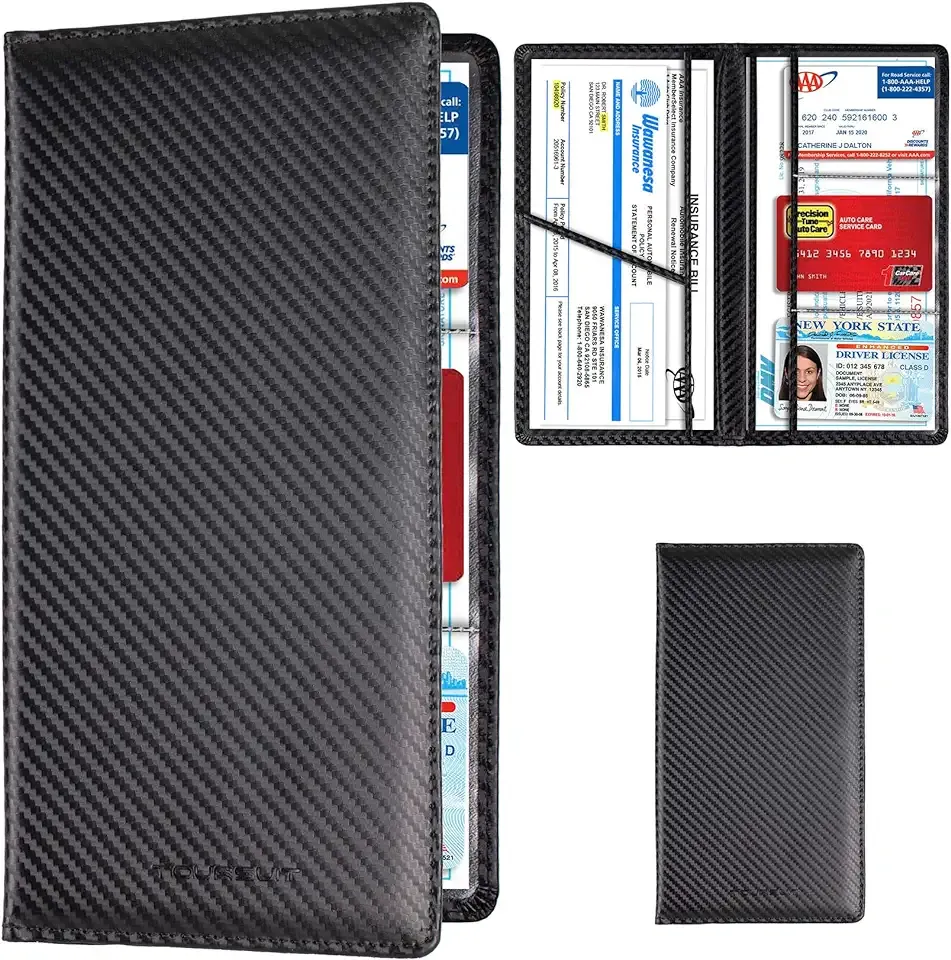 TOURSUIT Car Registration and Insurance Card Holder, Vehicle License Document Glove Box Compartment Organizer, Interior Car Accessories for Women Men Teens (Carbon Fiber Black)