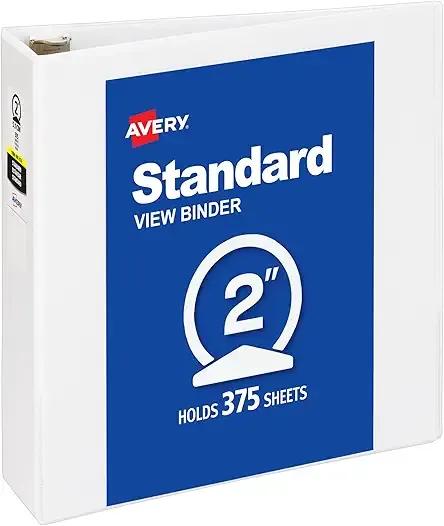 Avery® Standard View 3 Ring Binder, 2" Round Rings, 1 White Binder