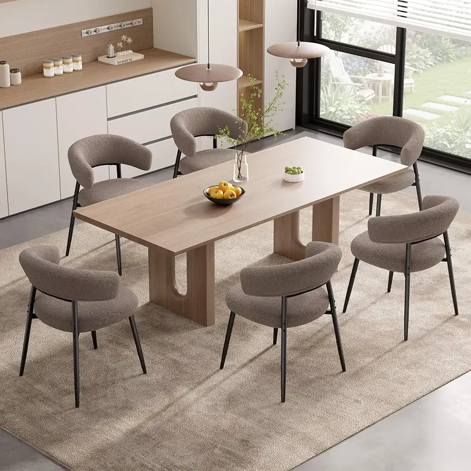 Dining Chairs Set of 6, Mid Century Modern Kitchen Chairs, Boucle Upholstered Dining Chair with Curved Backrest & Metal Legs for Kitchen Dining Room, Brown