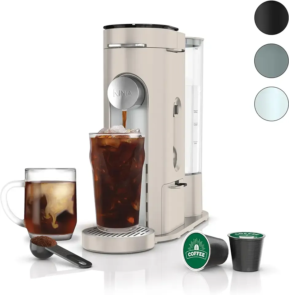 Pods & Grounds Single-Serve Coffee Maker, K-Cup Pod Compatible, Brews Grounds, Compact Design, 56-oz. Reservoir, 6-oz. Cup to 24-oz. Travel Mug Brew Sizes, Iced Coffee Maker, Stone, PB041ST