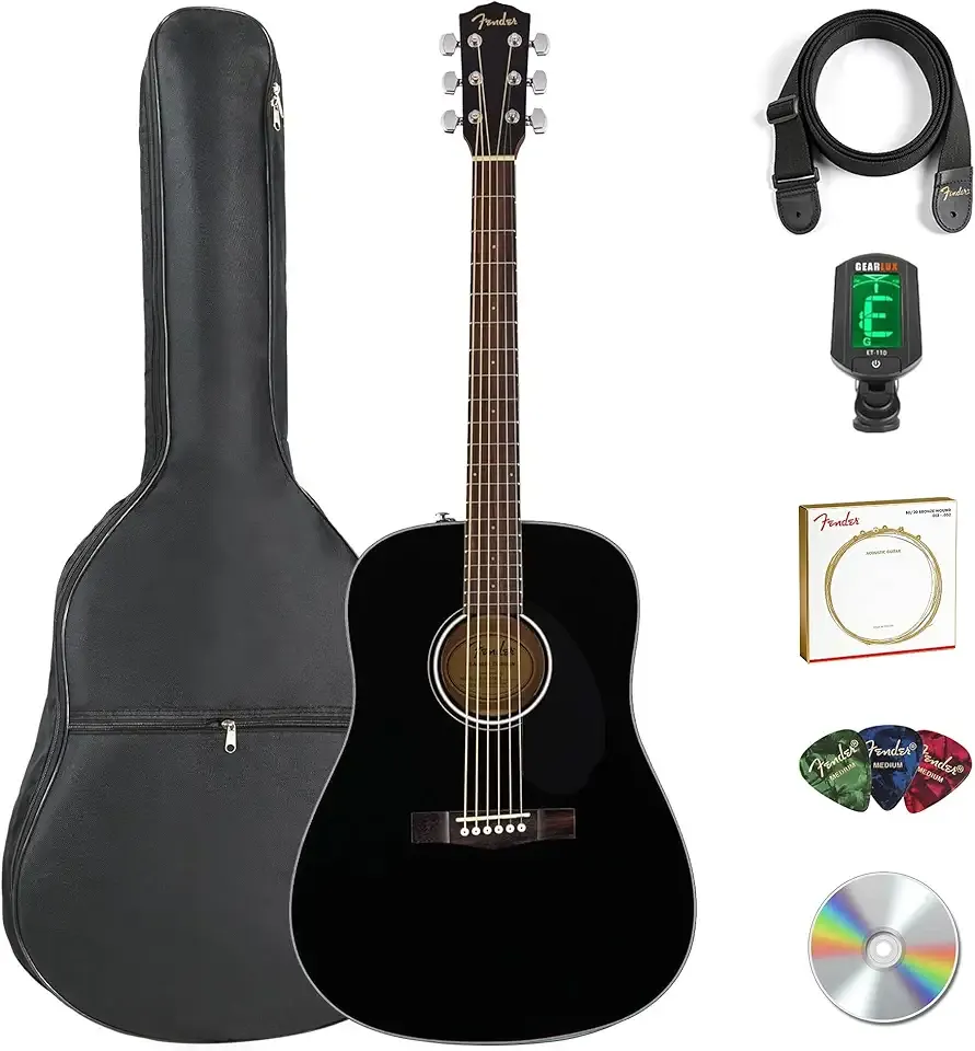 Fender CD-60S Solid Top Dreadnought Acoustic Guitar - Black Bundle with Gig Bag, Tuner, Strap, Strings, Picks, and Austin Bazaar Instructional DVD