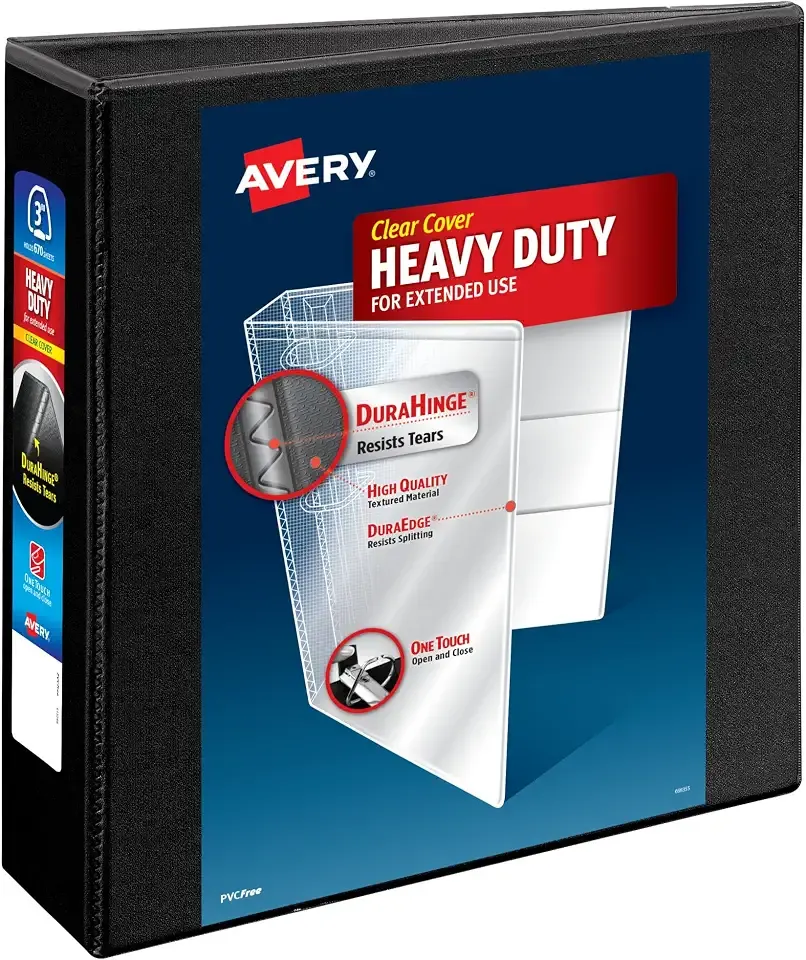 Avery Heavy-Duty View 3 Ring Binder, 3" EZD Rings, 1 Black Binder | For Heavy School, Home and Office Use, DuraHinge® Tear-Resistant Spine, DuraEdge® Split-Resistant Sides, Linen-Texture Finish