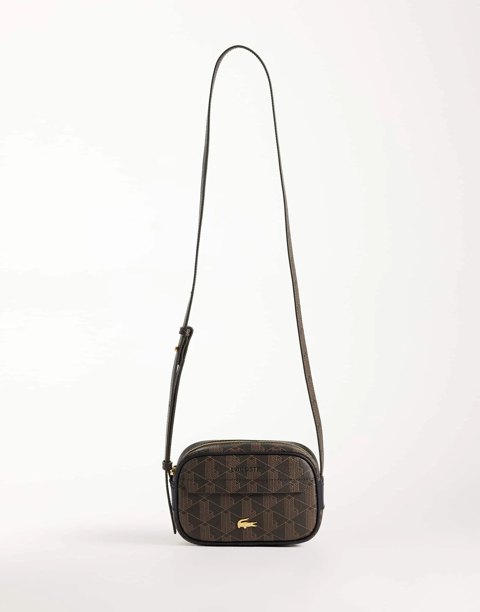 Lacoste mono logo print reporter bag in brown
