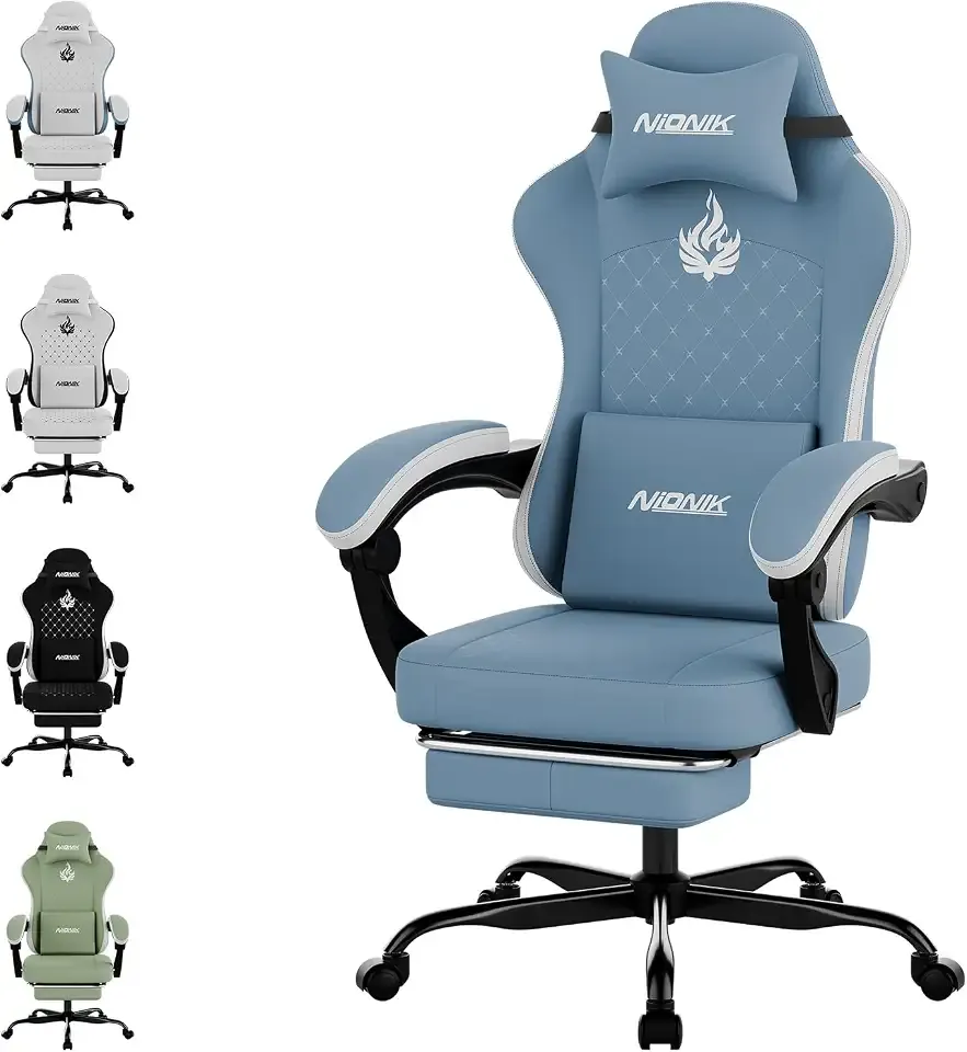 Gaming Chair with Massage,Ergonomic PC Gaming Chair Computer Chairs with Footrest Comfortable Headrest and Lumbar Support, High Back BLUENWHITE