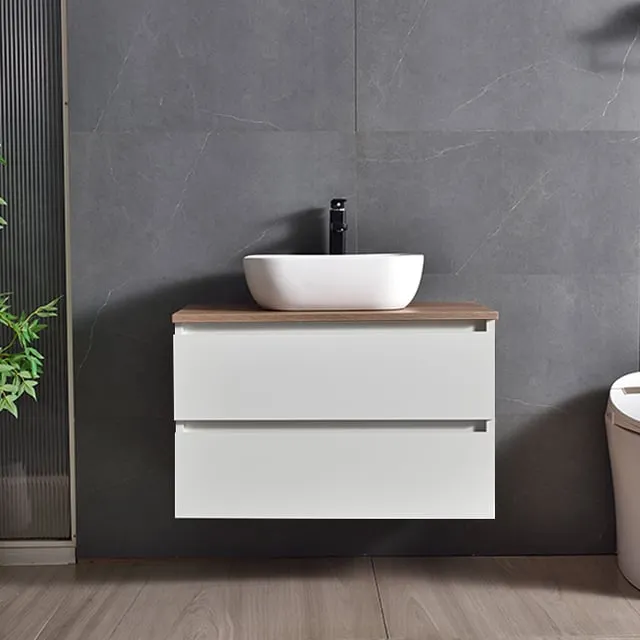 Conjunto Mueble de Baño 78x48x48 cm Blanco y encimera de madera con Lavabo sobre encimera