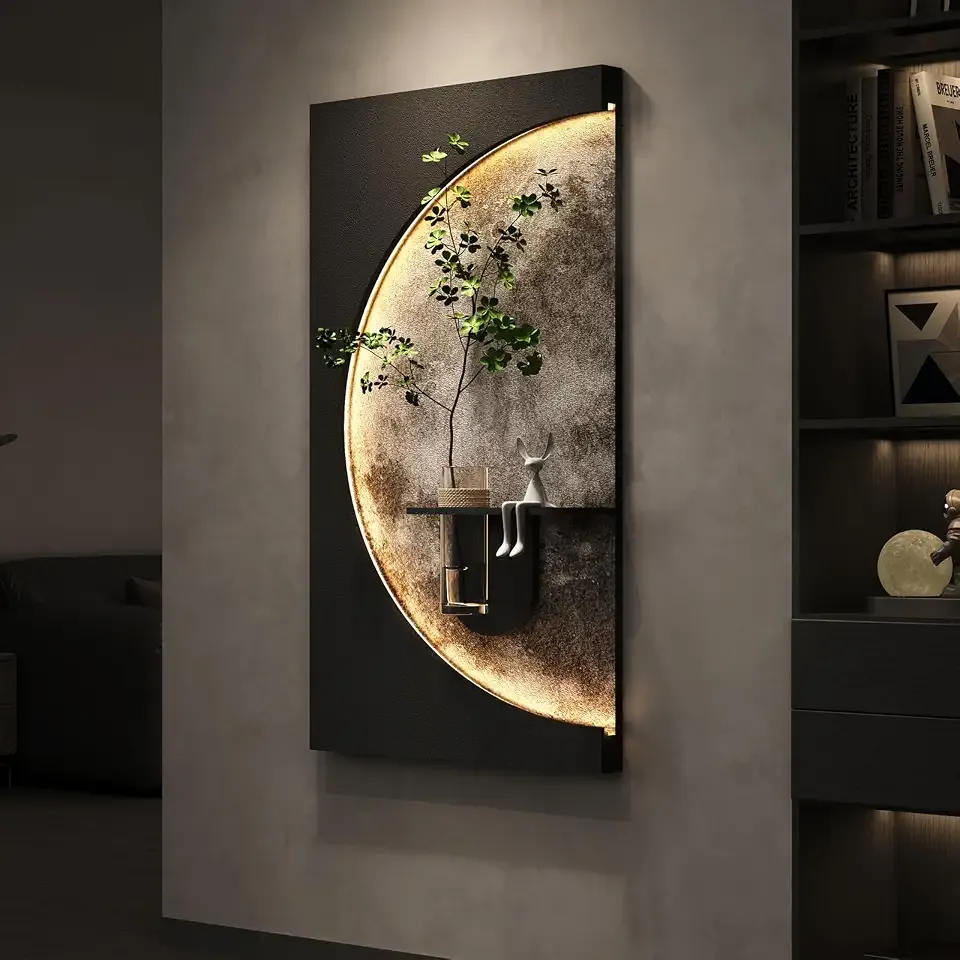 Large Vertical 3D LED Moon Wall Art Decor for Living Room, Black Modern Minimalist Lighted Artwork for Walls, Sandstone Textured Backlit Wall Home Decor for Hallway, Entryway, Dining Room, 30x60 Inch