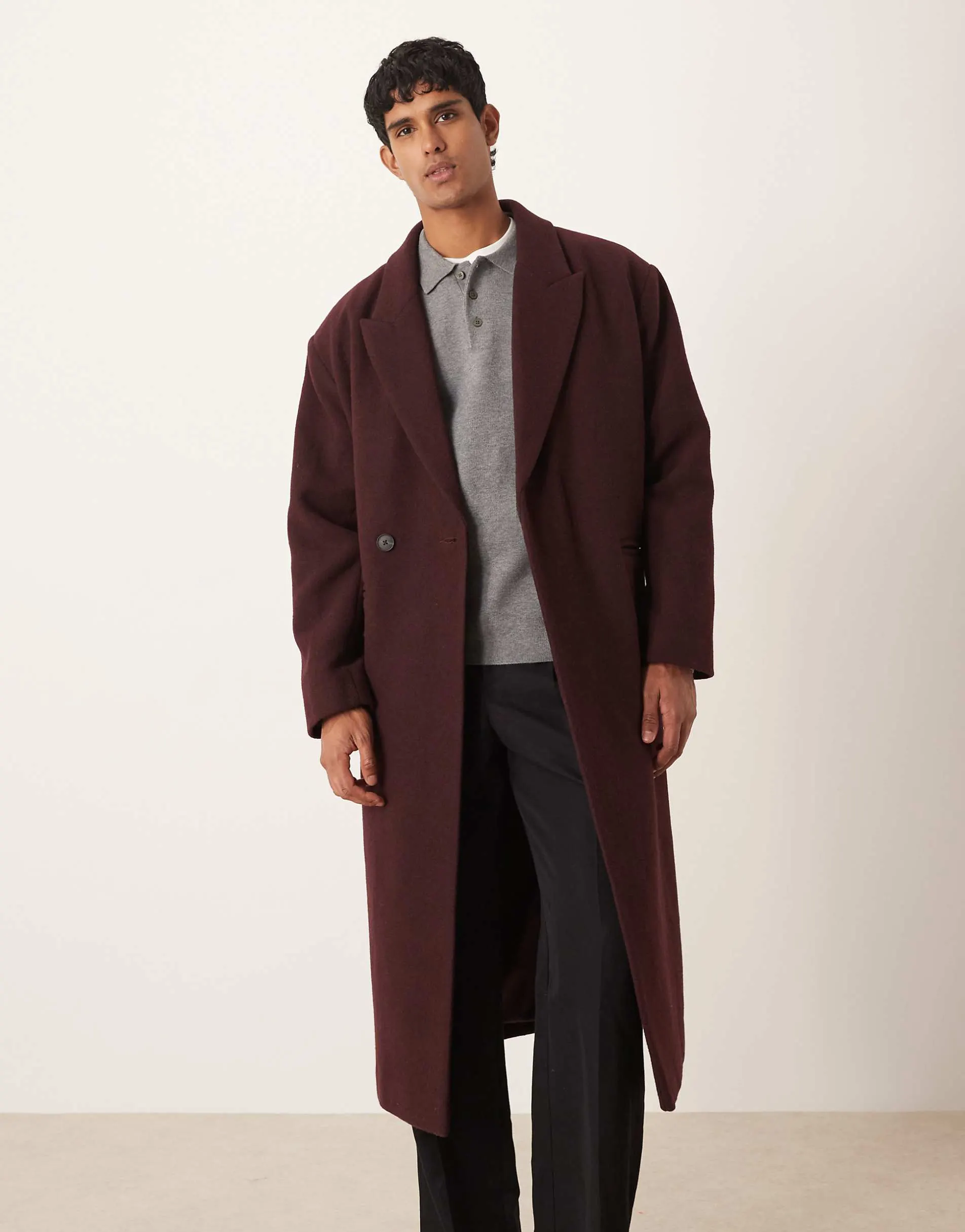 ASOS DESIGN oversized longline overcoat in wool blend in burgundy