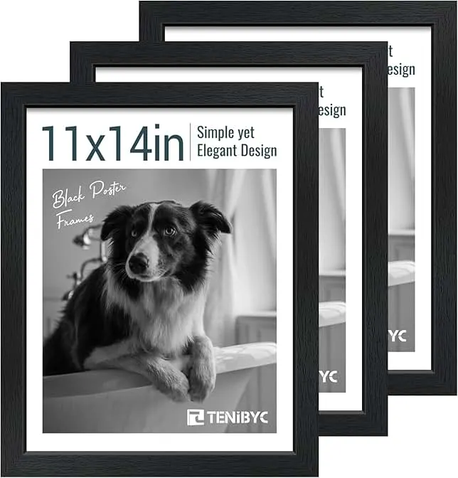 TENIBYC 11x14 Picture Frame Set - 3 Pack, Textured Black Solid Wood, HD Tempered Glass, Wall Gallery Photo Frame