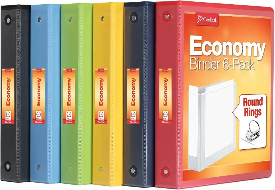 Cardinal 3 Ring Binders, 1.5 Inch, Round Rings, Holds 350 Sheets, ClearVue Presentation View, Non-Stick, Assorted Bright Colors, 6 Pack (79557)