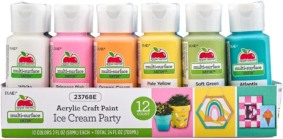 Apple Barrel, Ice Cream Inspired Colors, Multi-Surface Acrylic Craft Paint Set, Includes 12 Colors, Satin Finish