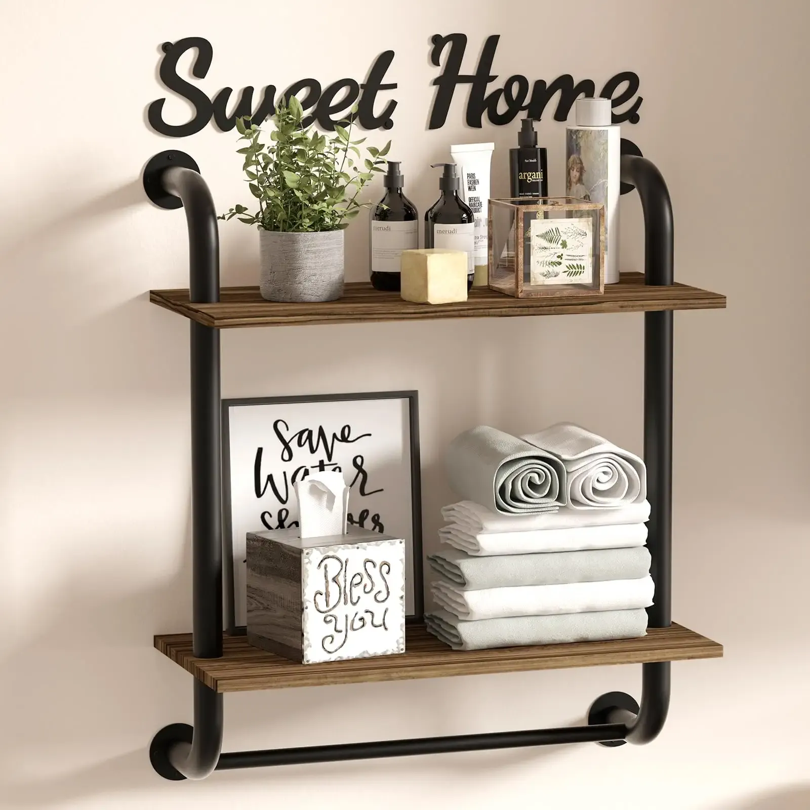 Bathroom Shelves Wall Mounted, Farmhouse Bathroom Decor, 2-Tier Rustic Industrial Pipe Shelving, Floating Shelves for Kitchen Bedroom Living Room, 17.3 inch