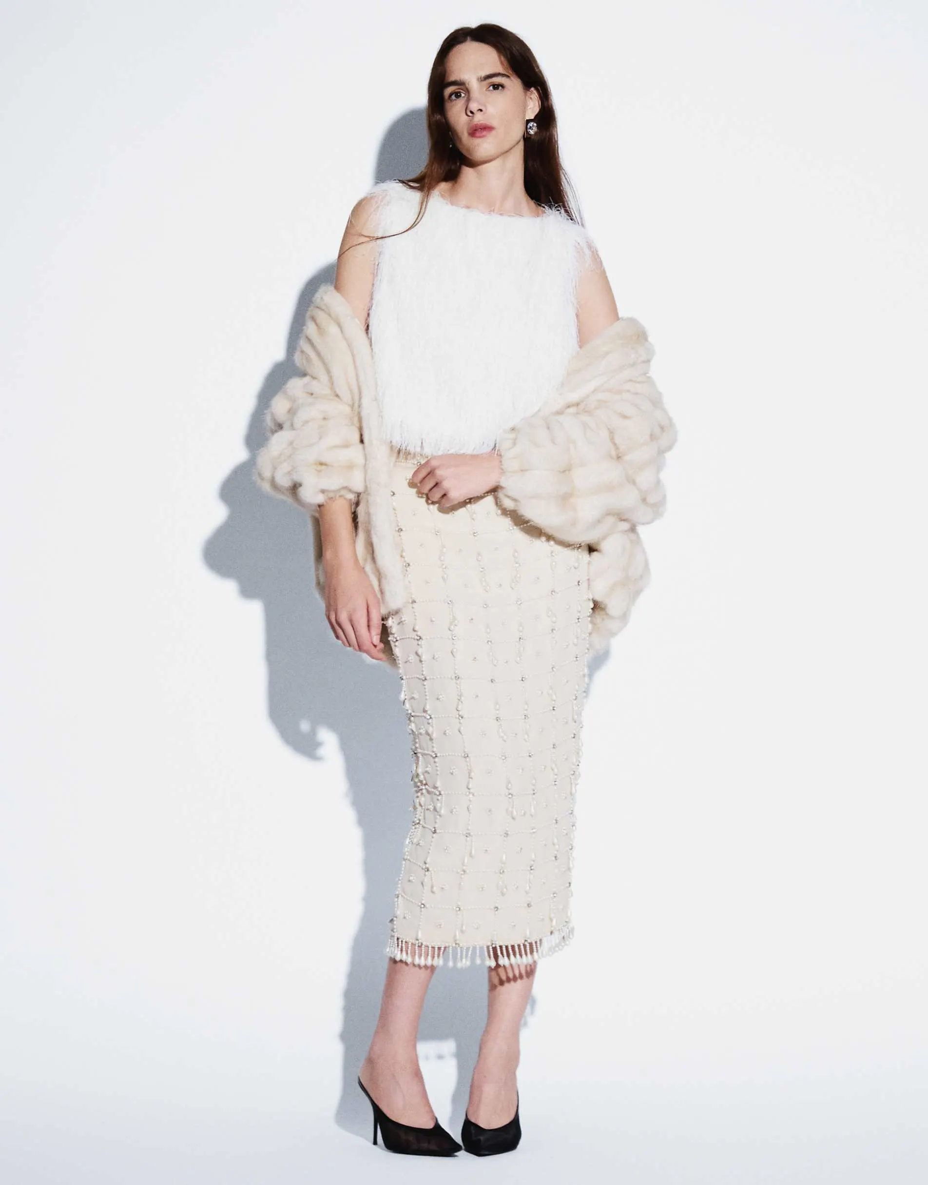 ASOS DESIGN embellished grid and bead fringe midi skirt in cream