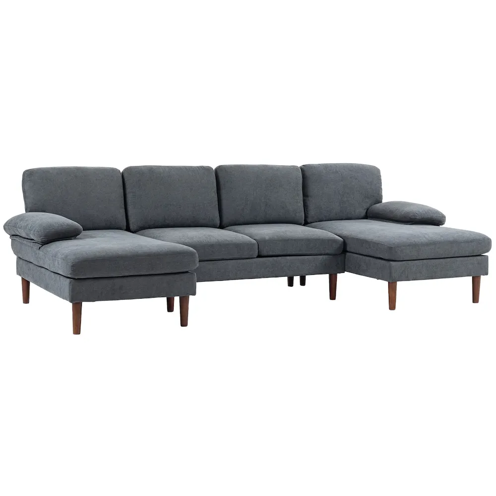 HOMCOM U Shape Sofa with Double Chaise Lounge Wooden Legs and Arms