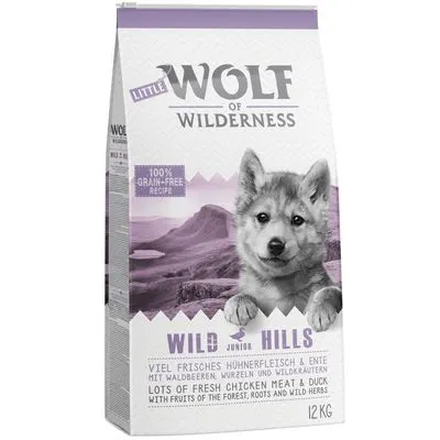 Offre Bi-nutrition Wolf of Wilderness pour chien Junior Wild Hills, canard (12 kg + 6 x 800 g)