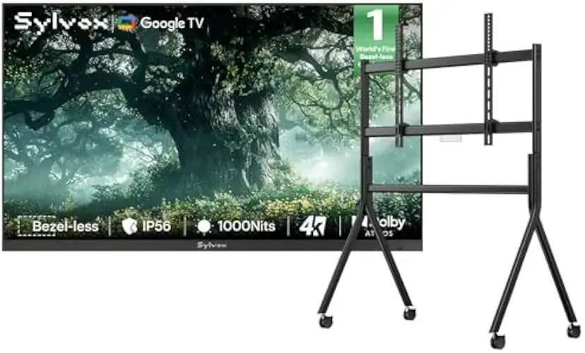 SYLVOX 75 inch Outdoor TV with Rolling Stand, Ultra-Narrow Bezel, 4K Smart TV, 1000 nits, IP56 Waterproof, Dual Speakers, All-Weather Metal Chassis for Patio, Deck, Backyard (Frameless Series)