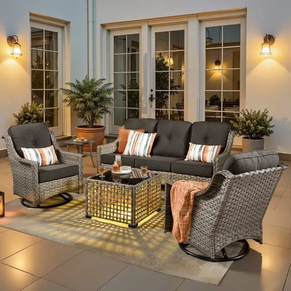 Ovios 5 Pieces Outdoor Patio Furniture Set High-Back Rattan Wicker Conversation Set Outdoor Sectional with Swivel Chairs & Solar Light Coffee Table, Black $869.99 Was $1,500.00