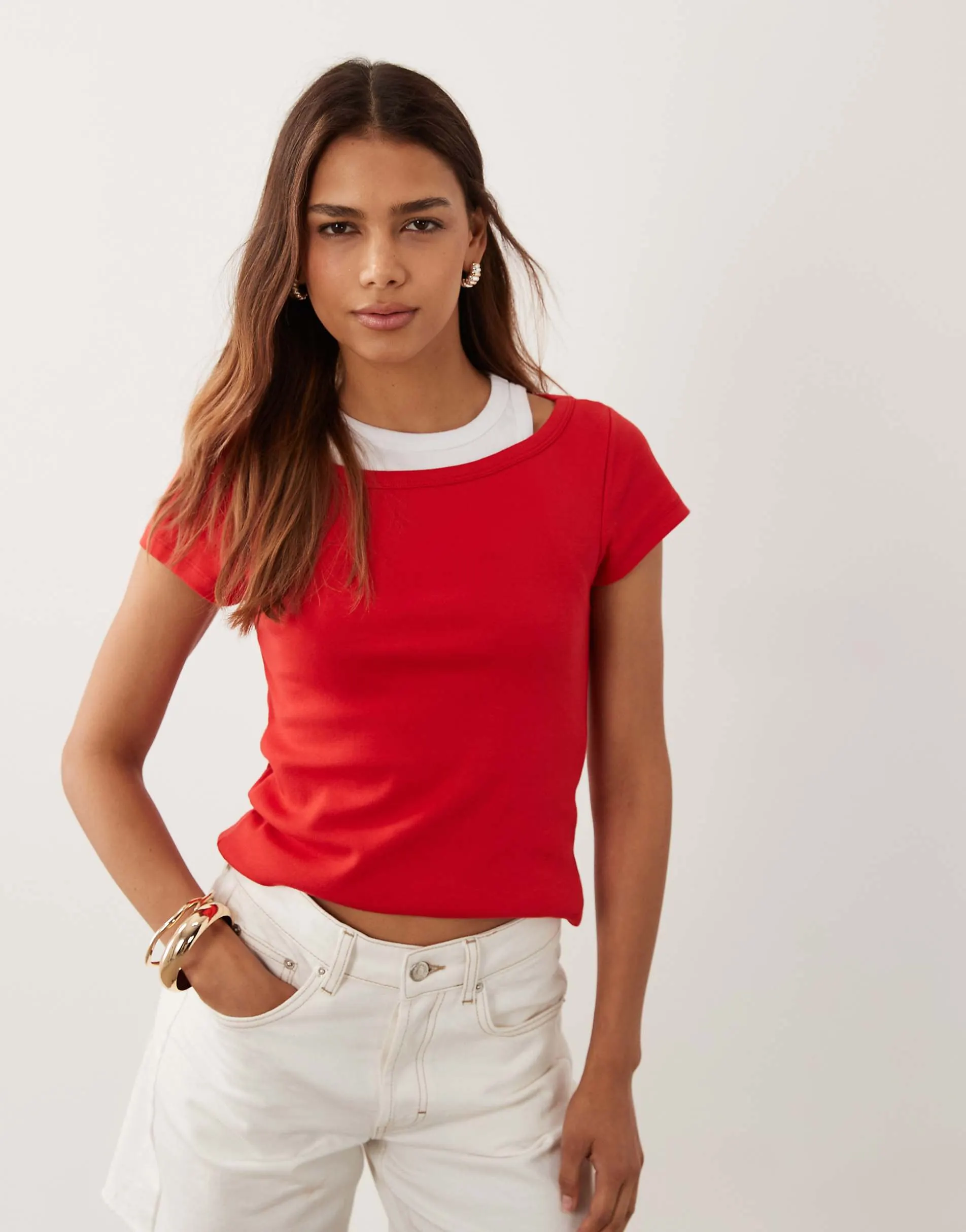 Mango double layer short sleeve top in red and white