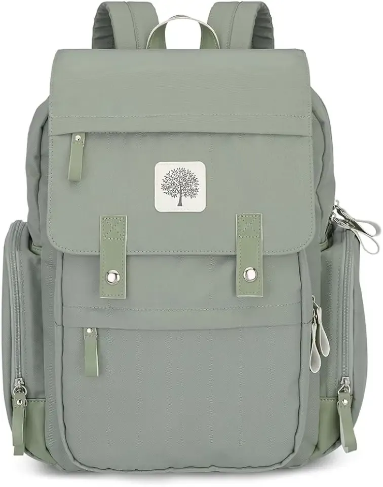 Parker Baby Diaper Backpack - Large Diaper Bag with Insulated Pockets, Stroller Straps and Changing Pad -"Birch Bag" - Sage Green
