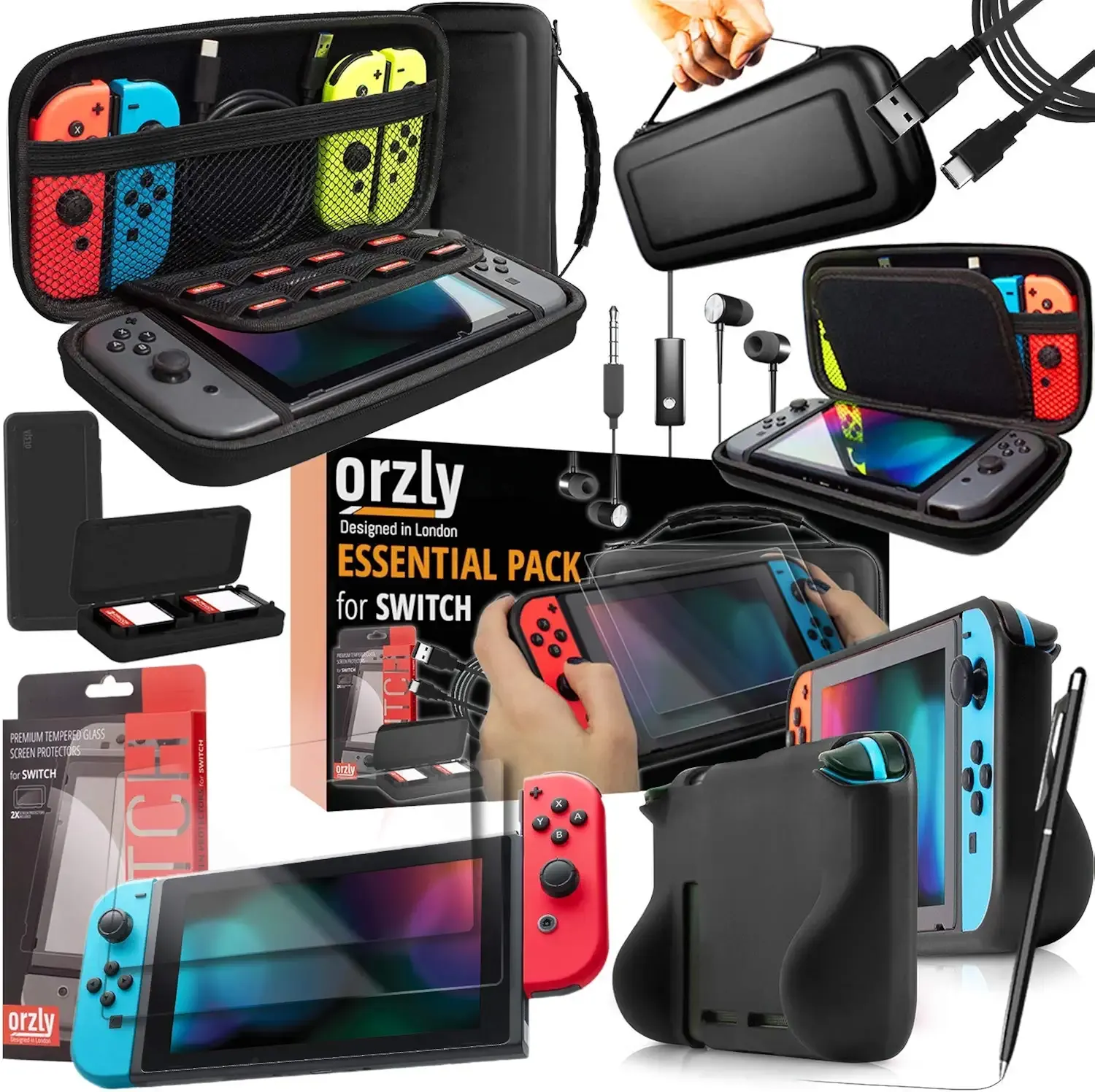 Orzly Switch 1 / Switch OLED Accessories Bundle – Case & Screen Protector for Nintendo Switch 1 (2017-2024 Console) Charge Cable, Game Holder, Comfort Grip Case, Headphones & More – Gift Box Edition