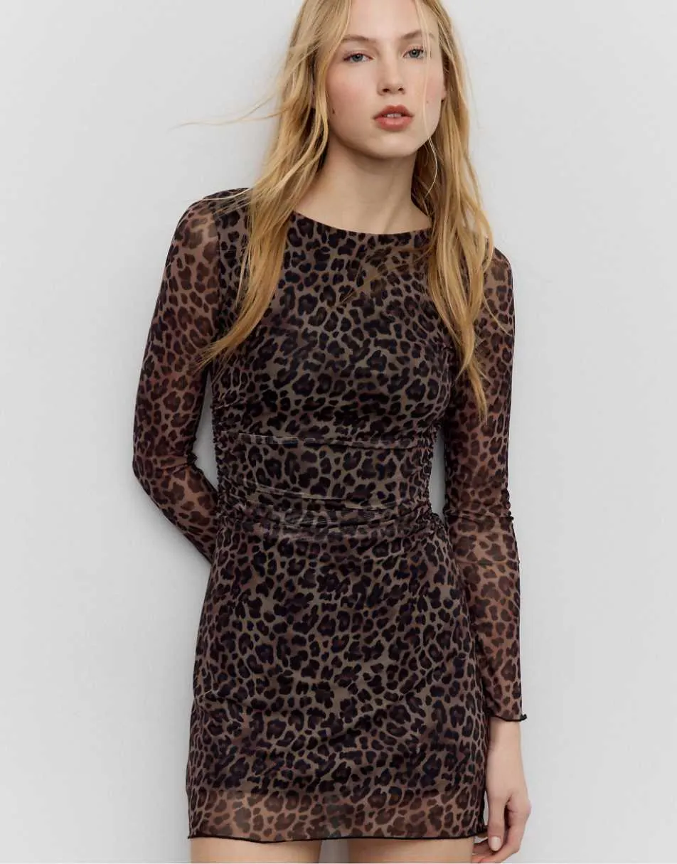 Stradivarius Short printed tulle dress in mid beige